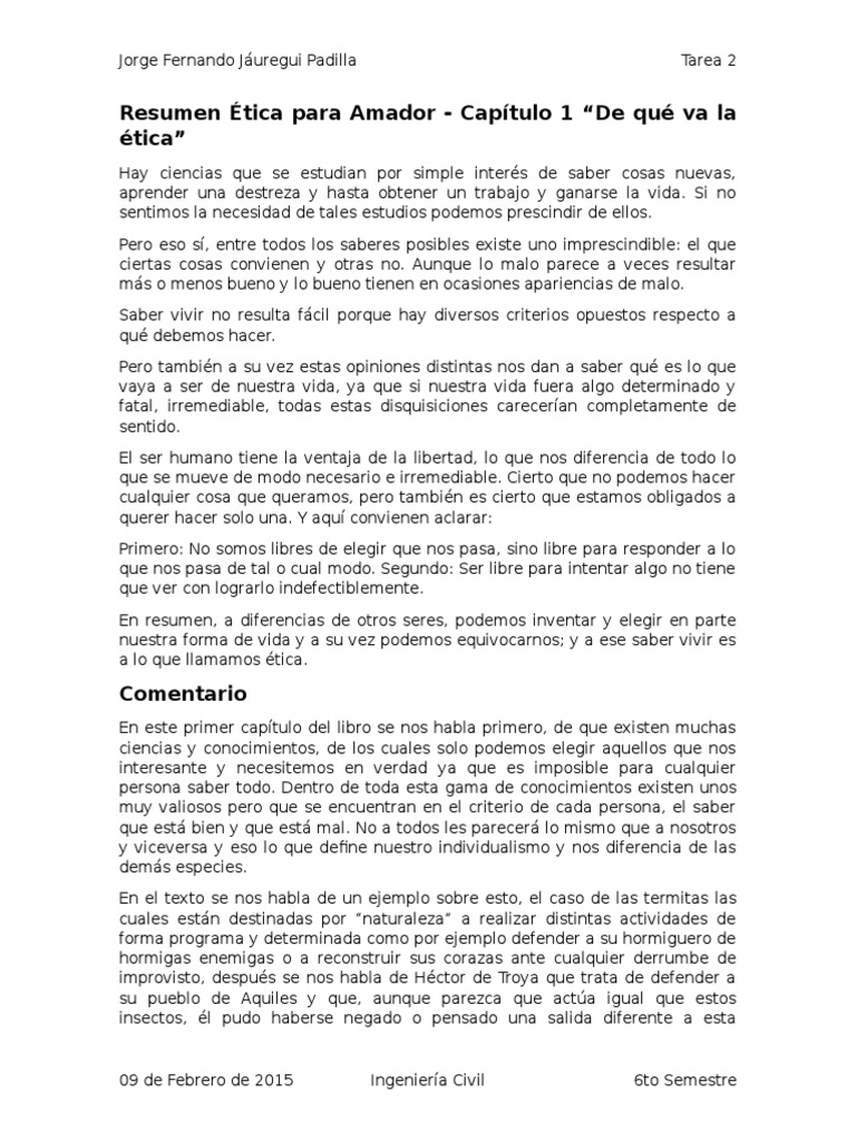 Resumen Ética para Amador Capítulo 1 “De qué va la ética
