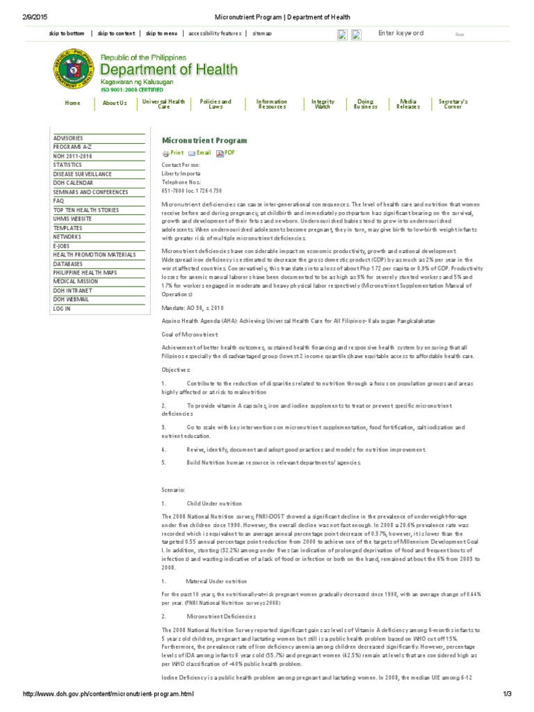 Micronutrient Program - Department of Health | PDF | Micronutrient ...