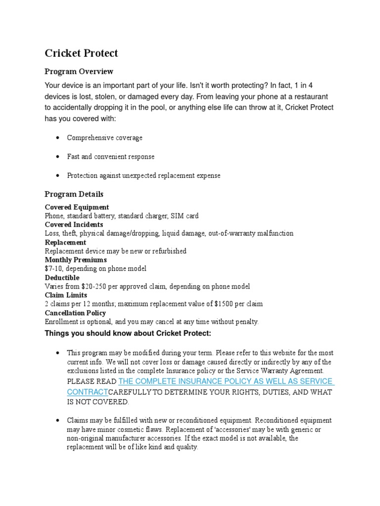 Cricket Protect PDF Insurance Liability Insurance