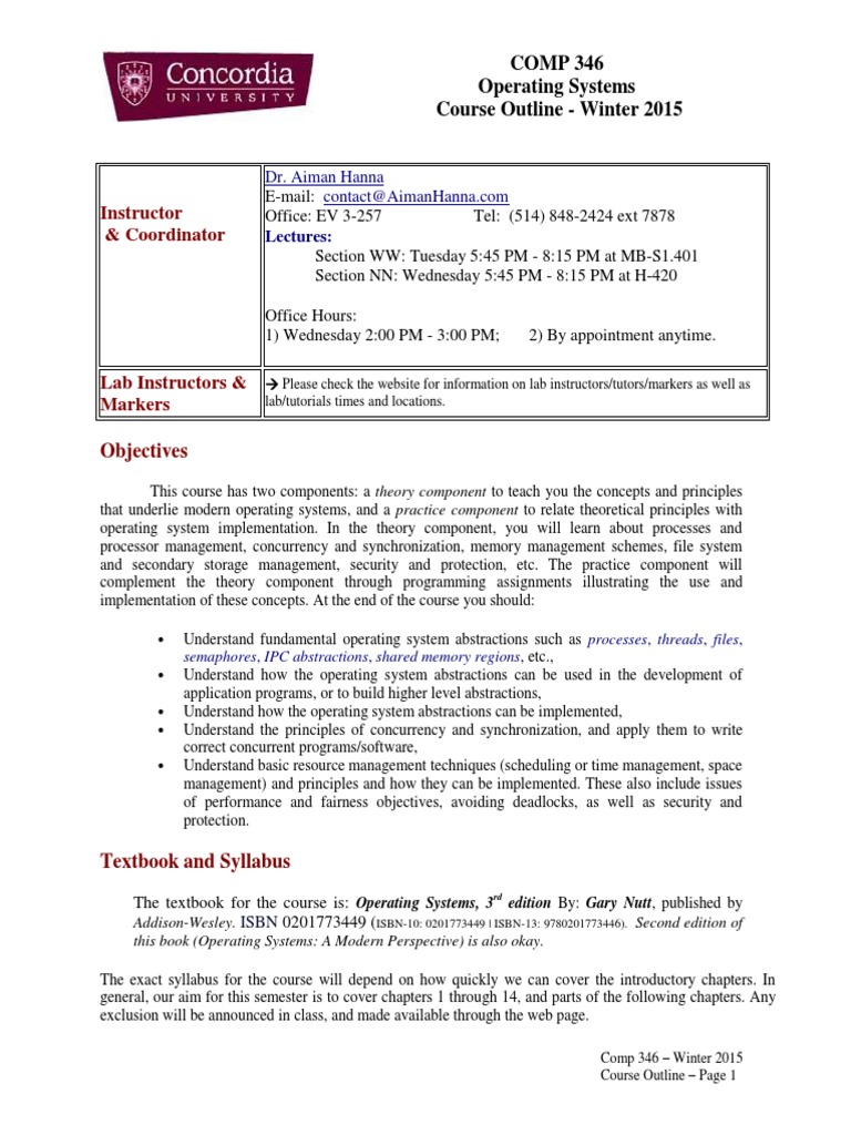 COMP 346 Operating Systems Course Outline | PDF | Computer Programming ...