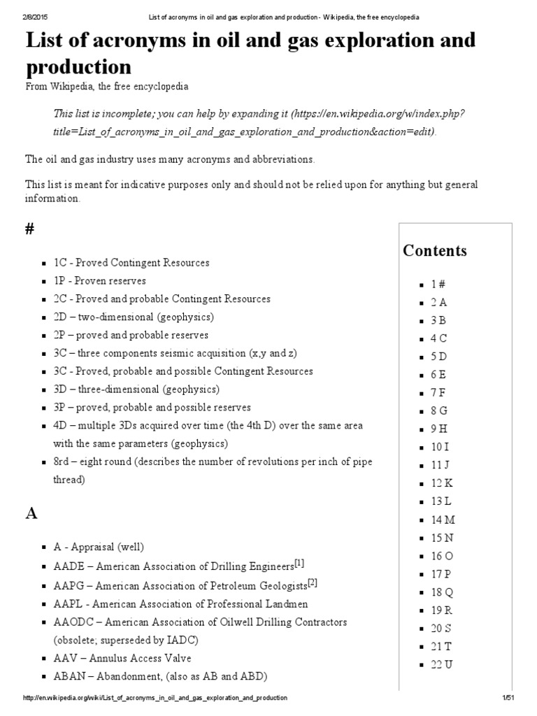 List of acronyms in oil and gas exploration and production
