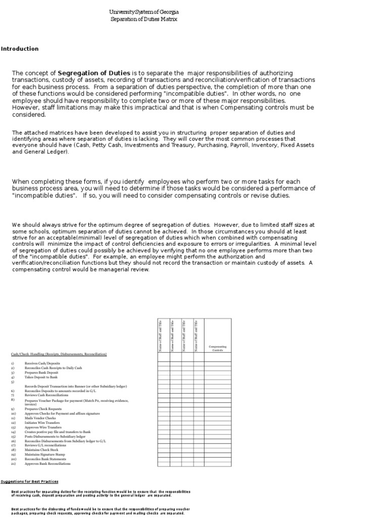 Segregation of Duties Matrix PDF Payroll Cheque