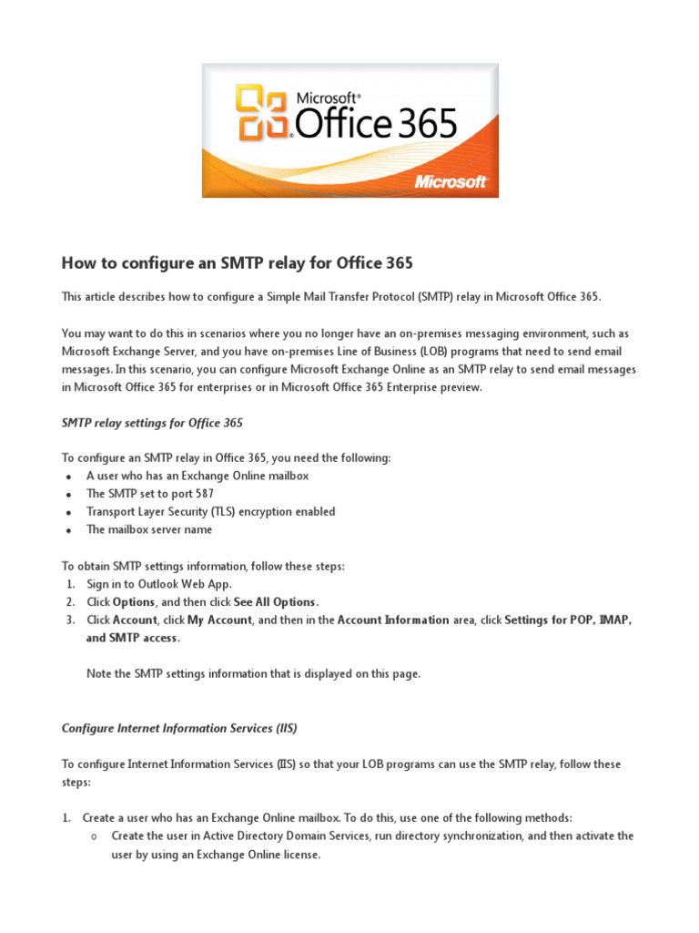 Configure SMTP Relay for Office 365 PDF Microsoft Exchange Server Office 365