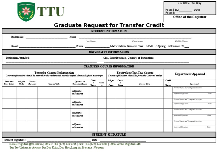 Graduate Request For Transfer Credit - TTU | PDF