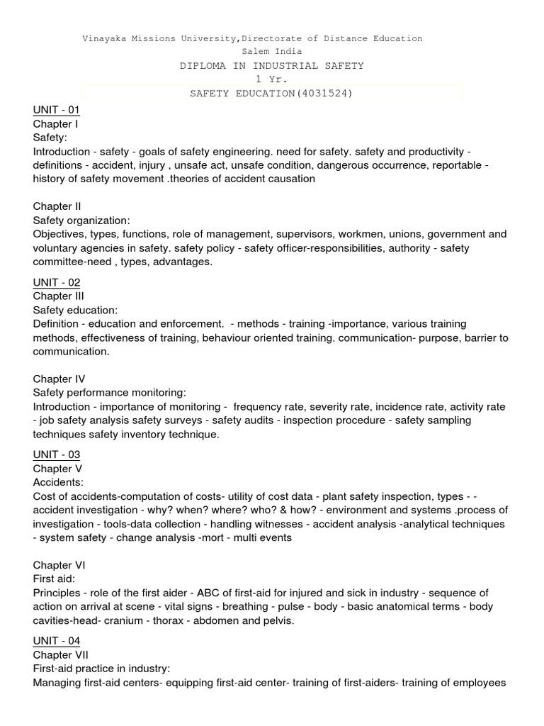 Syllabus Safety Education PDF First Aid Safety