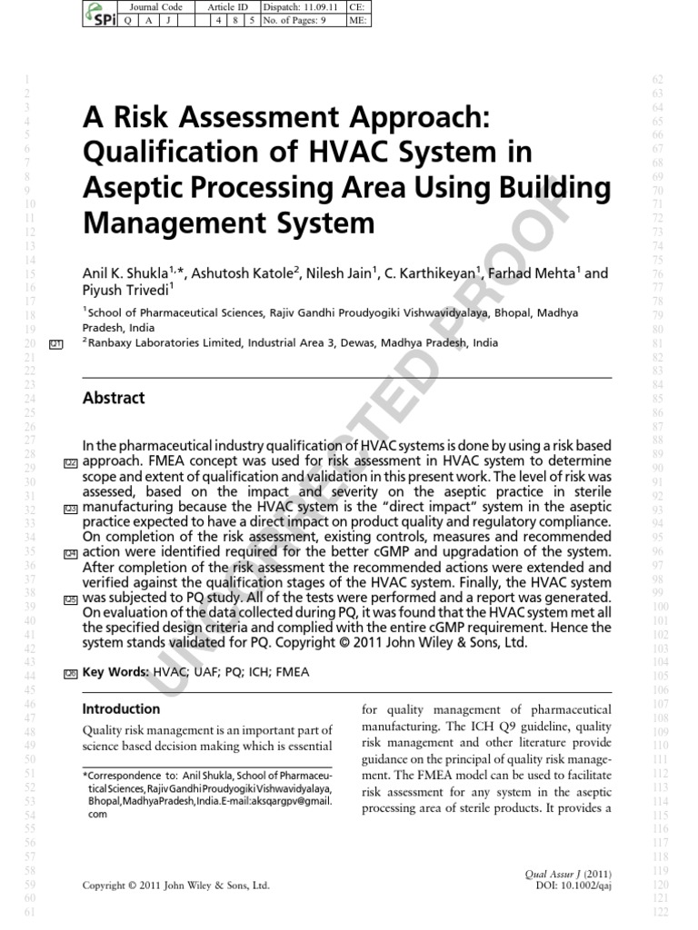 Risk Assessment of HVAC Pharmaceutical Business