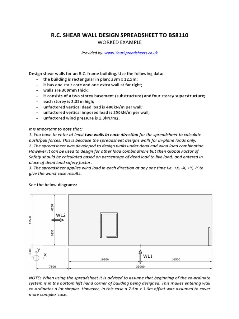 Working Example RC Shear Walls Design Spreadsheet To Bs8110 Version 1.0 PDF Spreadsheet