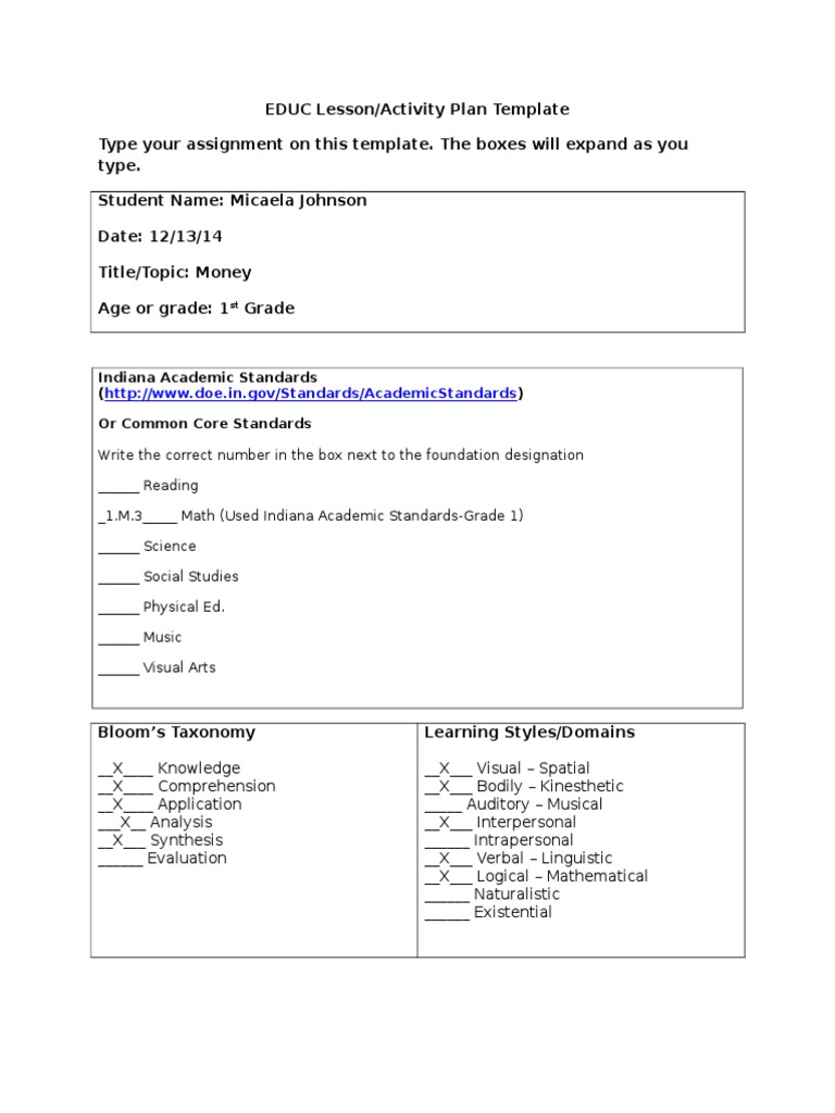 1st Grade Money Lesson Plan | PDF | Lesson Plan | Applied Psychology