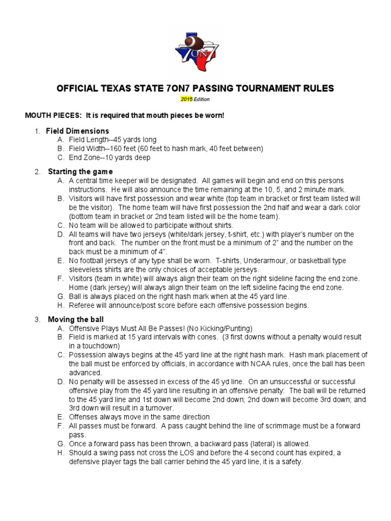 Texas 7-on-7 Tournament Rules 2015 | PDF | Tournament | Team Sports