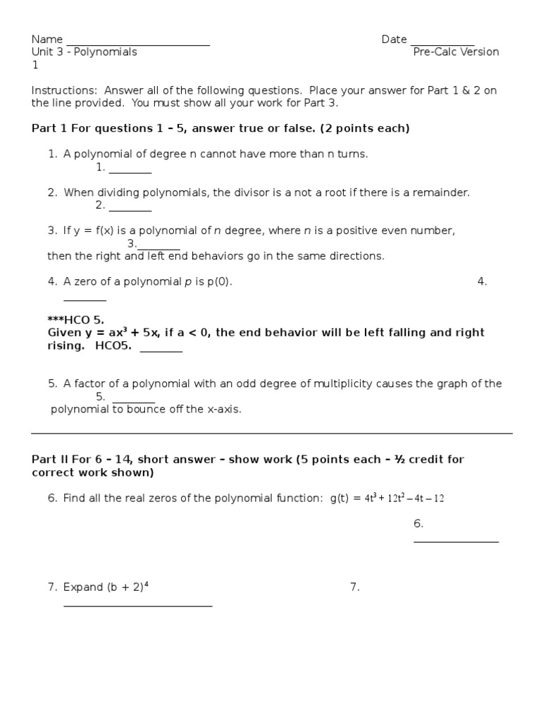 Unit 3 Polynomials Test Version 1 2014 | PDF | Polynomial | Zero Of A ...