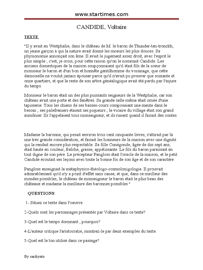 Analyse de l'incipit de Candide | PDF | Candide