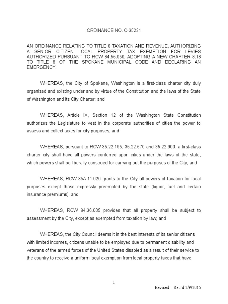 Senior Citizen Property Tax Exemption Emergency Ordinance Property