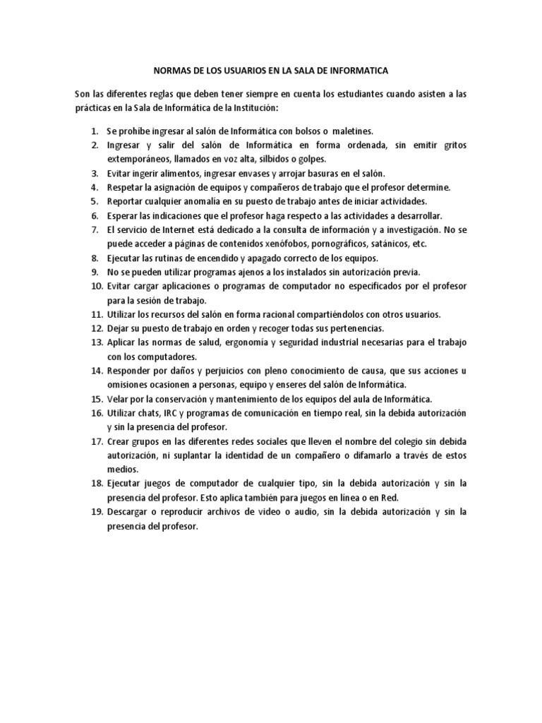 Normas Sala de Informatica | PDF