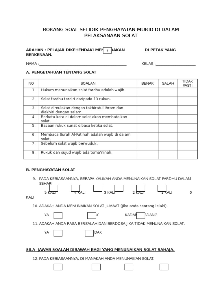Borang Soal Selidik Penghayatan Murid Di Dalam Pelaksanaan Solat