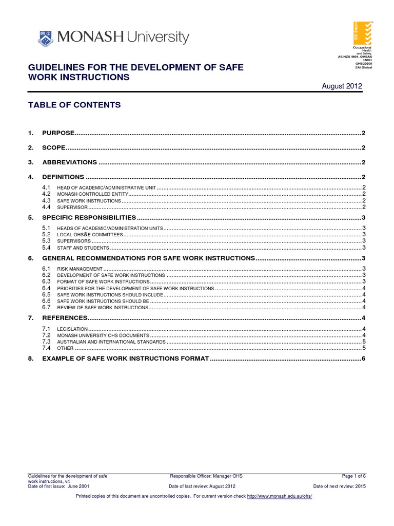 Safe Work Instructions | Download Free PDF | Occupational Safety And ...