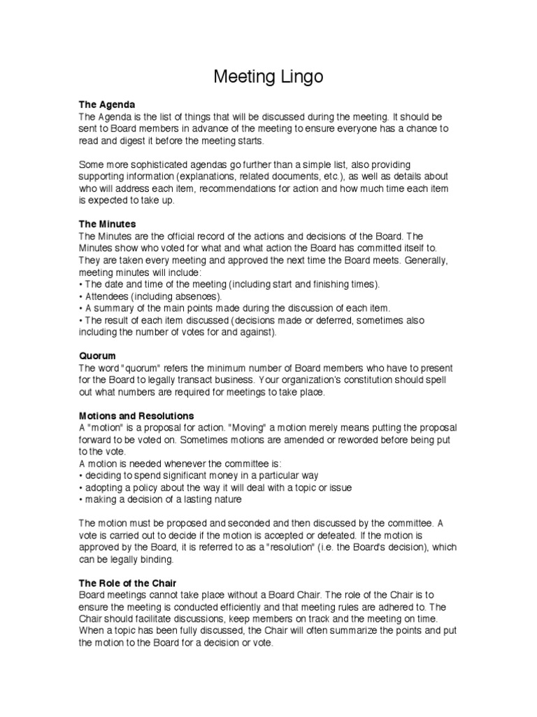 Understanding Board Meeting Procedures An Overview of Agendas, Minutes