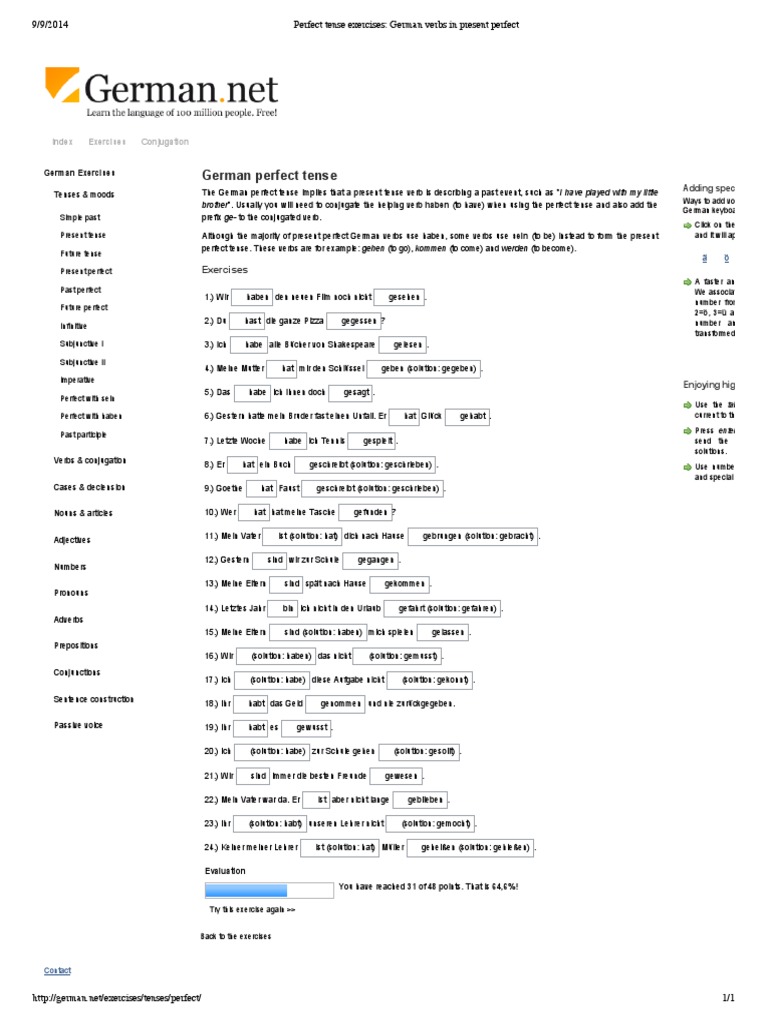 Perfect Tense Exercises - German Verbs in Present Perfect | PDF