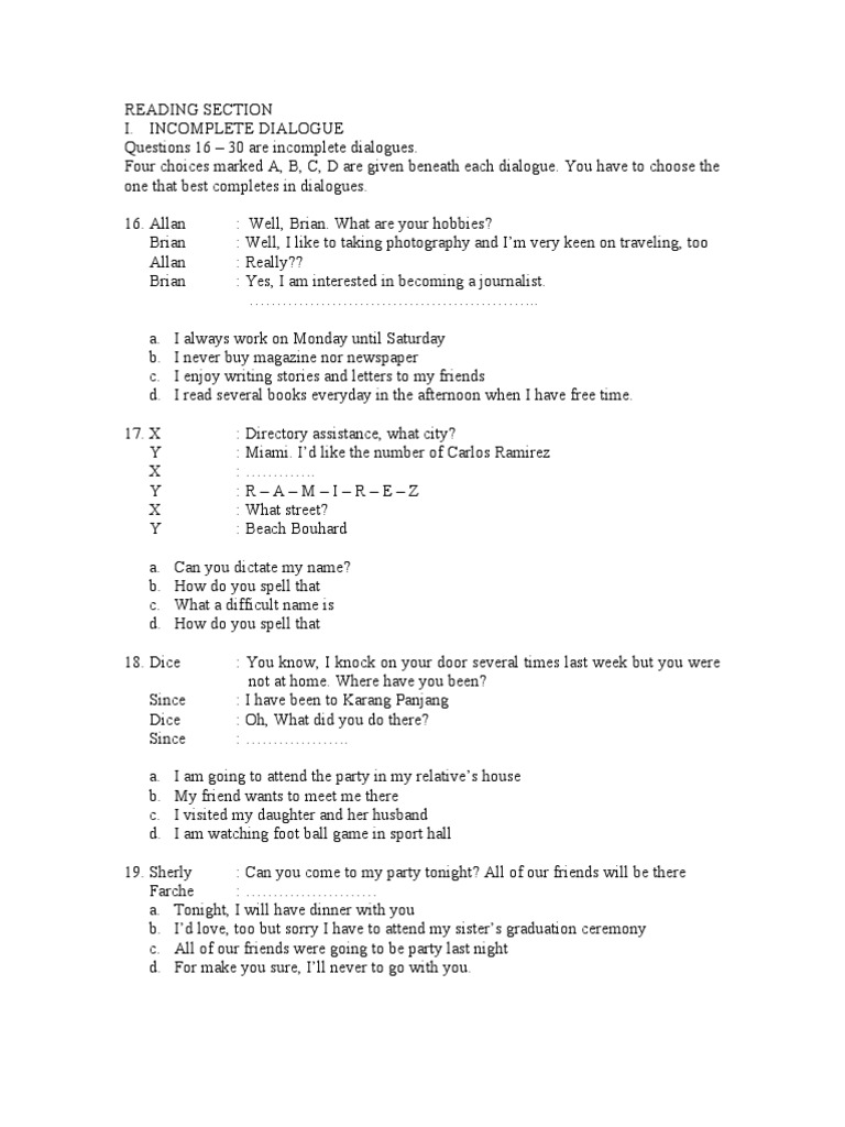 Reading Section i. Dialogue Questions 16 Leisure