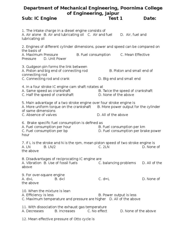 IC Engine Test 1 | PDF | Technology & Engineering