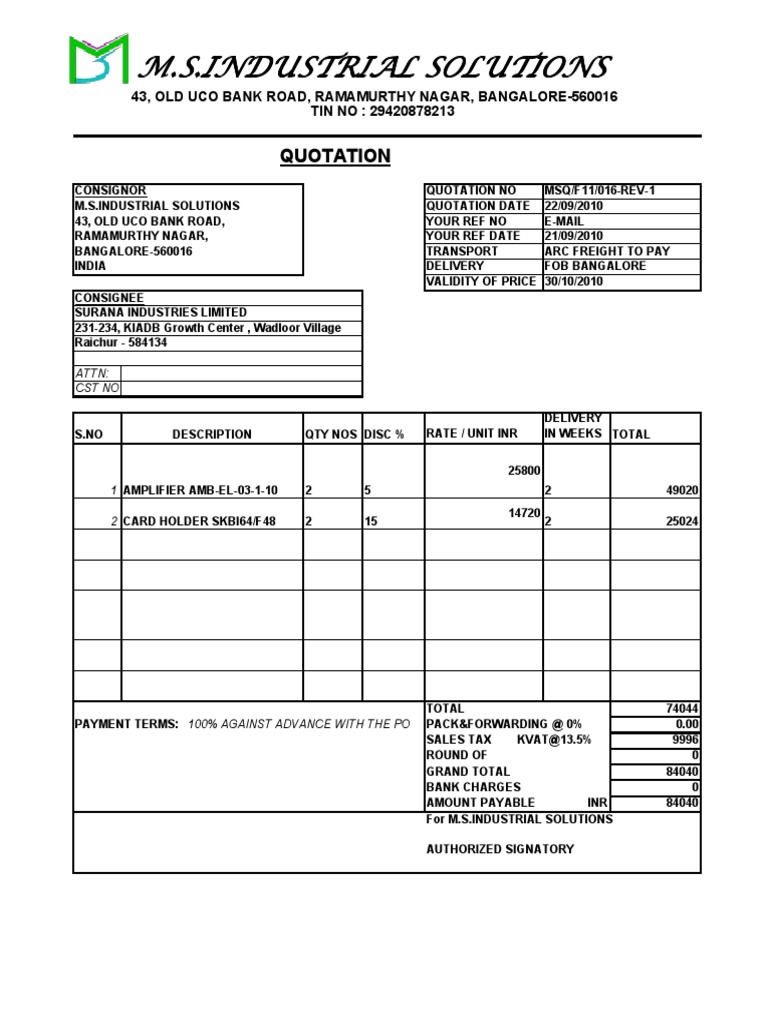 Industrial Quotation Summary | PDF | Technology & Engineering
