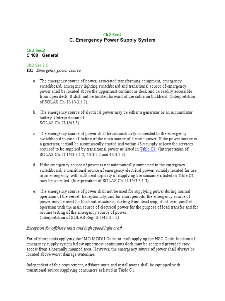 SOLAS Emergency Power Requirements CH 2 Sec 2 PDF Electric Power
