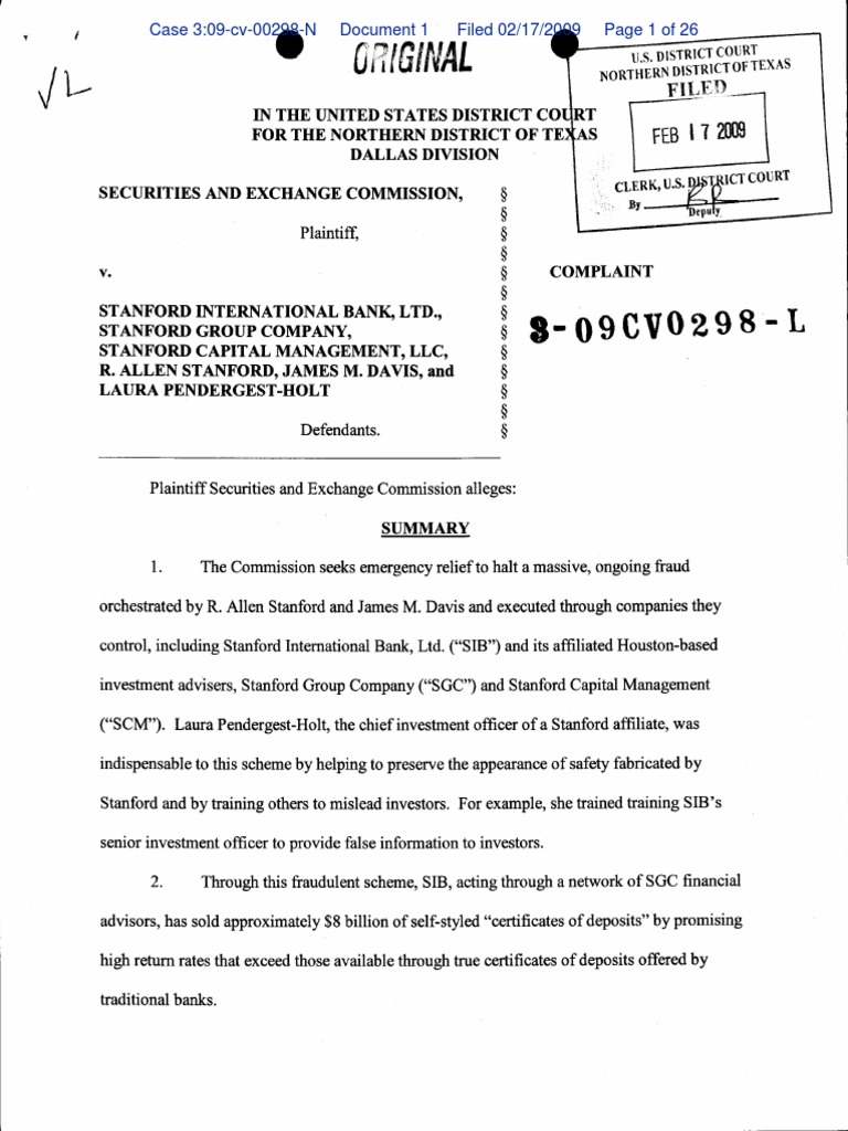 Sir Robert Allen Stanford PONZI SEC Court Documents and Lawsuit PDF