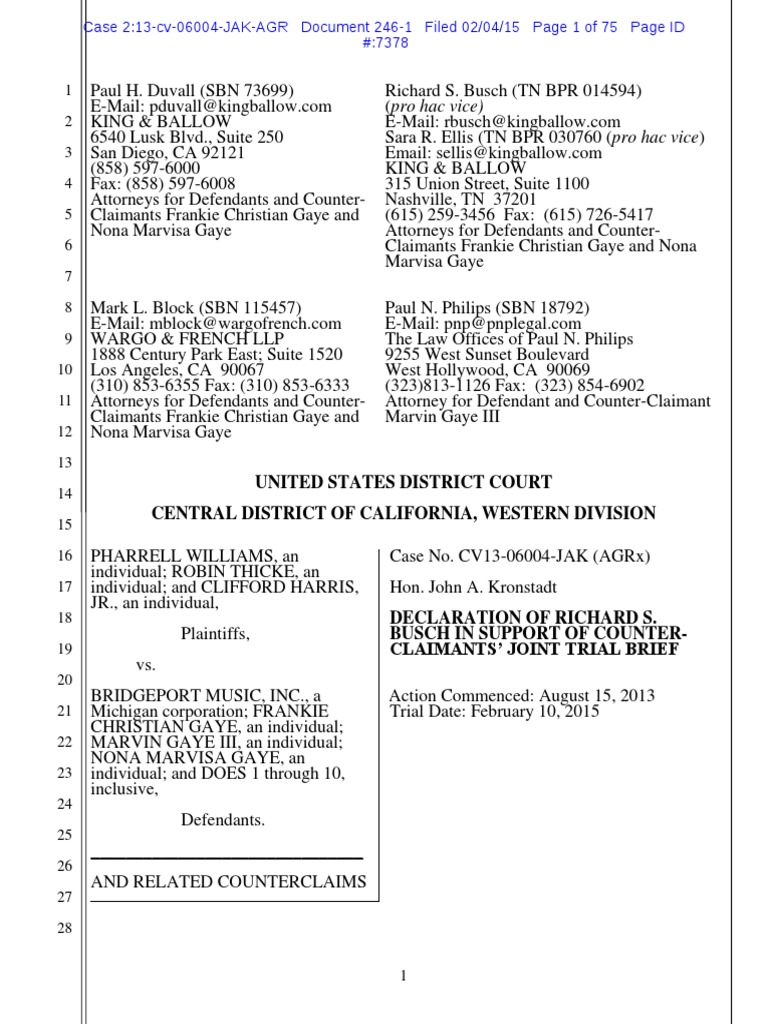 Pharrell V Gaye Blurred Lines Gaye Joint Trial Brief Busch Declaration Pdf Twitter Deposition Law