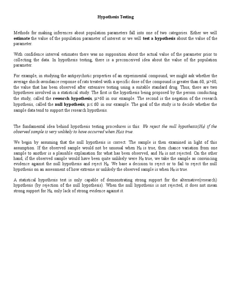 Handout Hypothesis Test For A Population Mean | PDF | Statistical ...