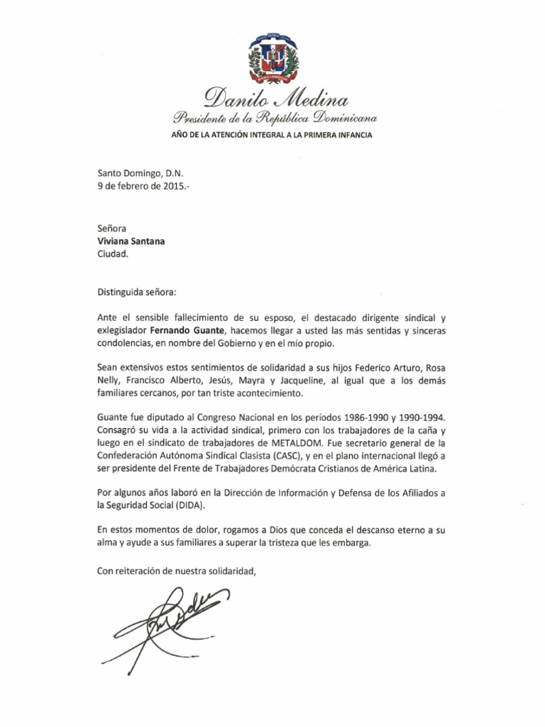 Carta de Condolencias del Presidente Danilo Medina por 
