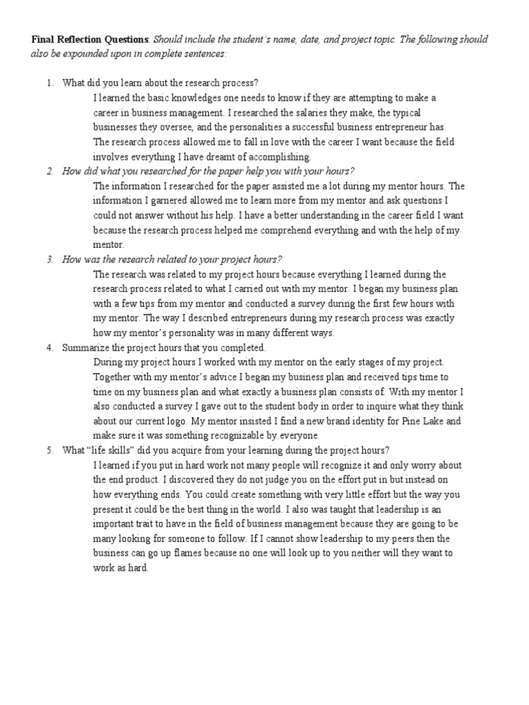 Final Reflection on Business Project | PDF | Mentorship | Public Speaking