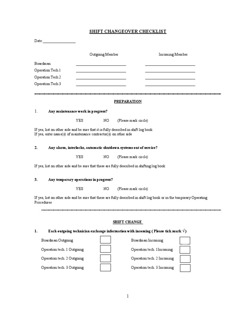 Shift Changeover Checklist Template | PDF | Business