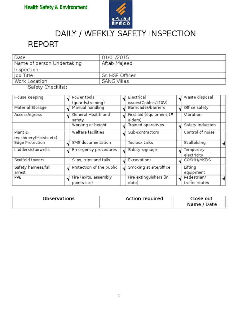 9 Safety Inspection Report (Daily and Weekly) 01-01-15 | PDF