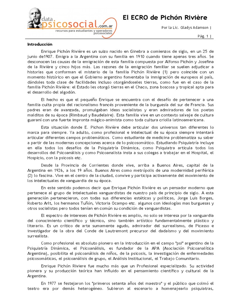 El ECRO según Pichón Rivière | PDF | Psicoanálisis | Subjetividad