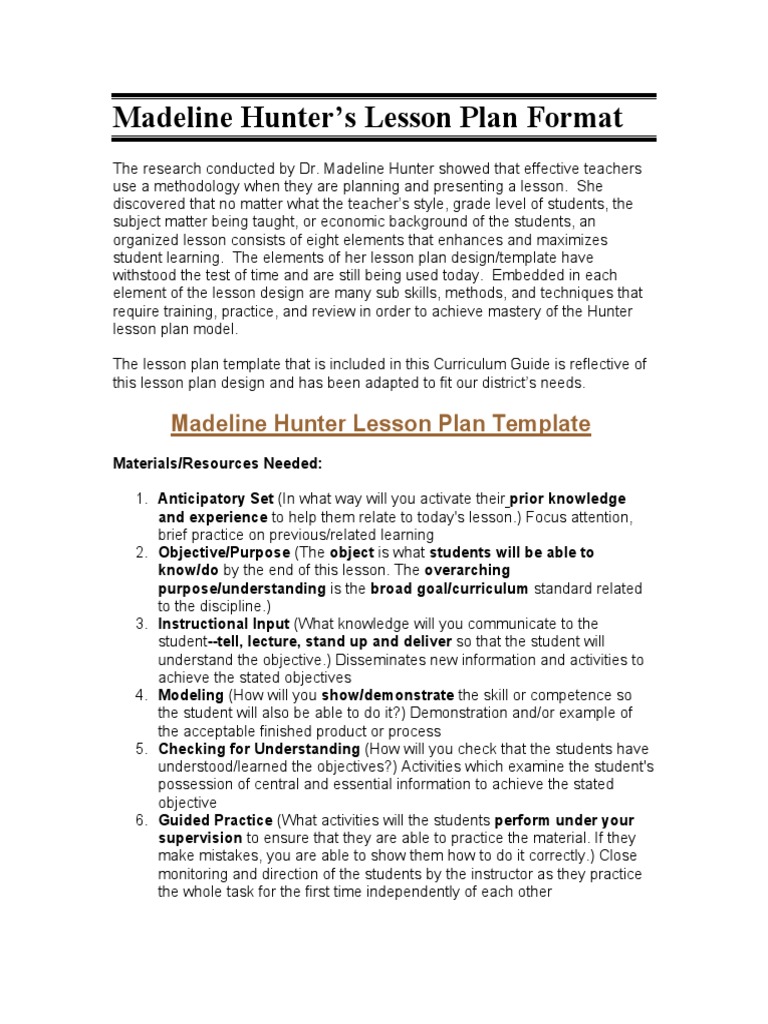 Madeline Hunter S Lesson Plan Format Lesson Plan Teachers