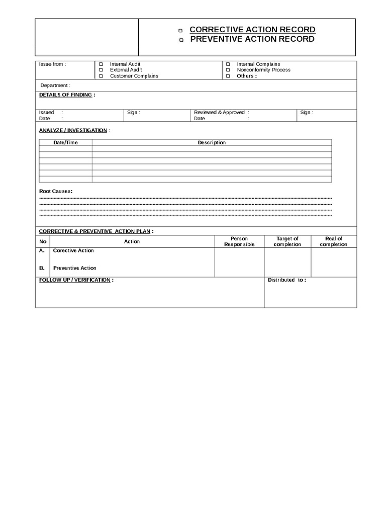 Corrective Action Record Preventive Action Record | PDF