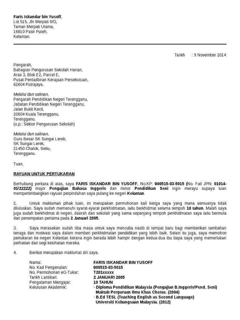 Contoh Surat Rayuan Borang B