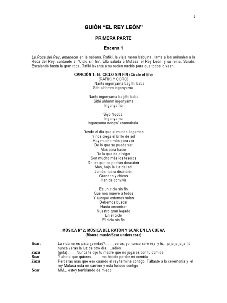 El Ciclo Sin Fin Rey Leon Letra Guion El Rey Leon | PDF