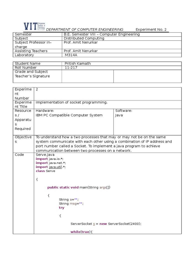 Socket Programming in Java Experiment | PDF