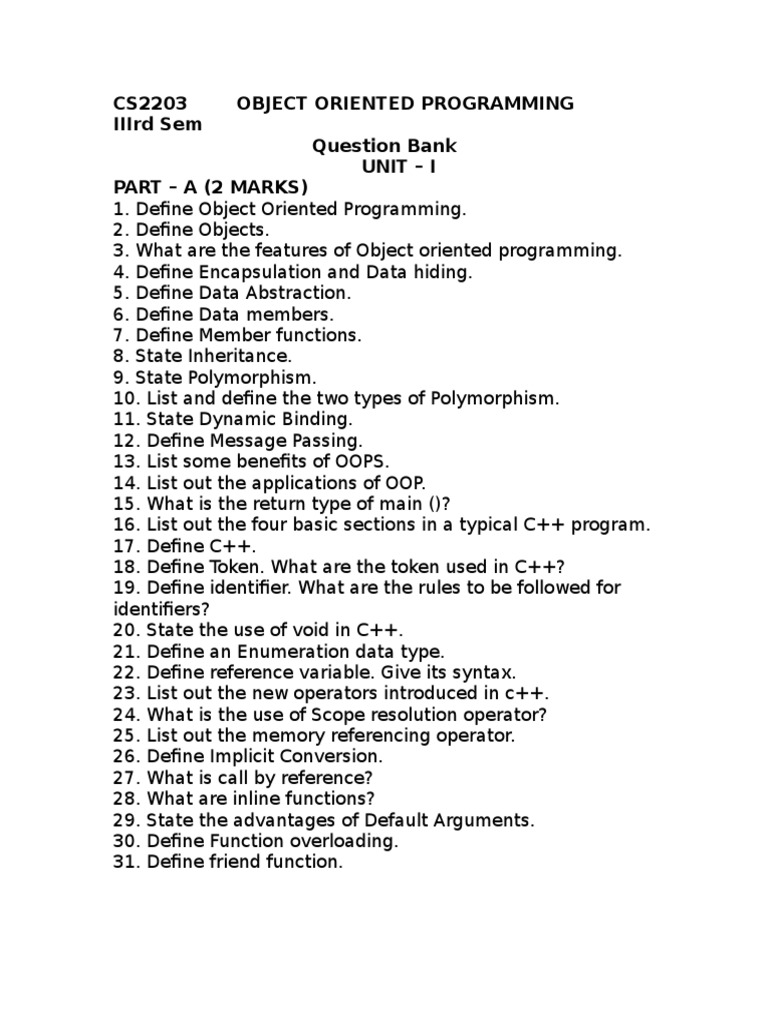 Cs2203 Object Oriented Programming Iiird Sem Question Bank Unit - I ...