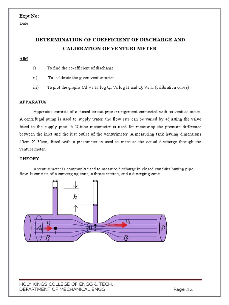 Calibration of Venturi Meter Pressure Measurement Logarithm