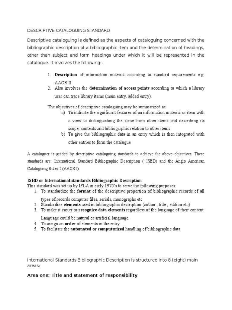 Descriptive Cataloguing Standards Overview | PDF | Cataloging ...