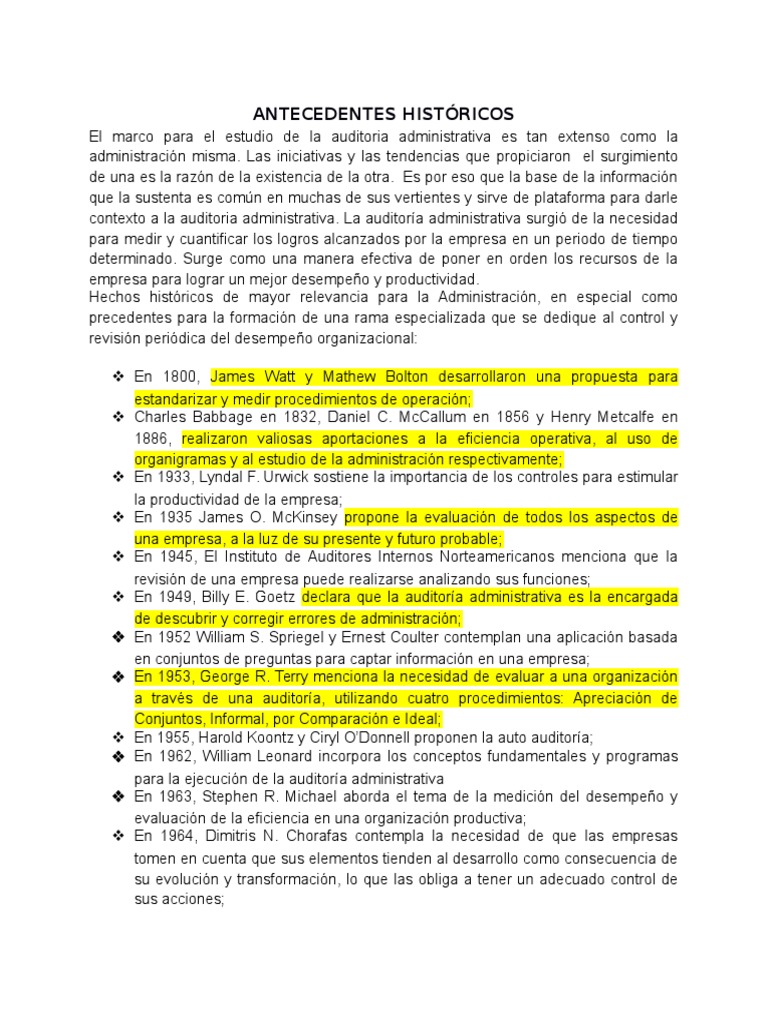 ANTECEDENTES HISTÓRICOS DE LA AUDITORIA ADMINISTRATIVA Recursos humanos Evaluación