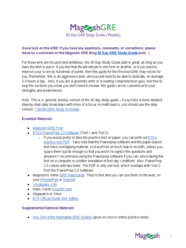 30-Day GRE Study Guide Overview | PDF | Graduate Record Examinations ...