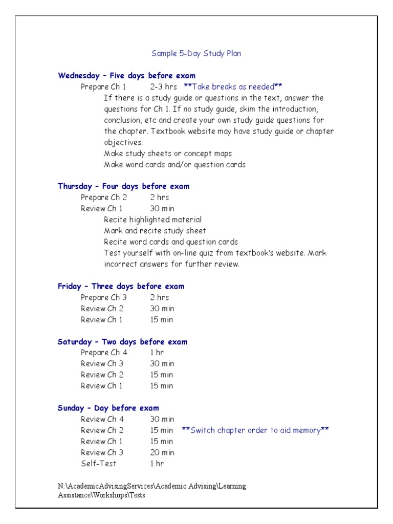Wednesday - Five Days Before Exam: Sample 5-Day Study Plan | PDF ...