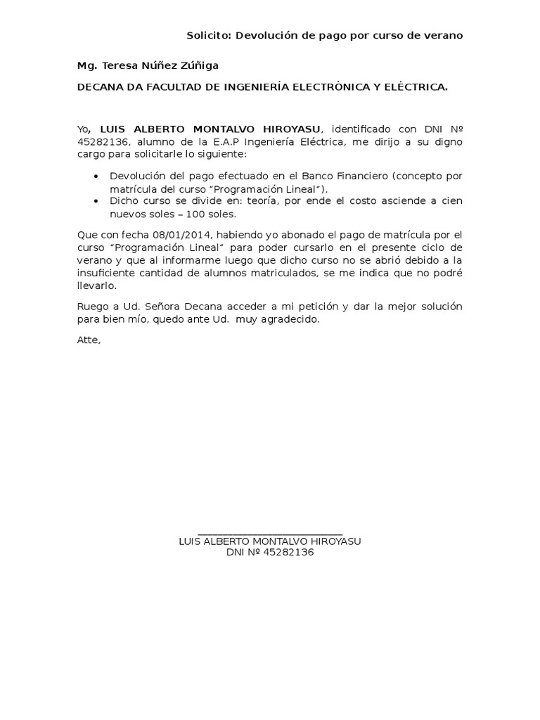 Solicitud de Devolucion de Dinero