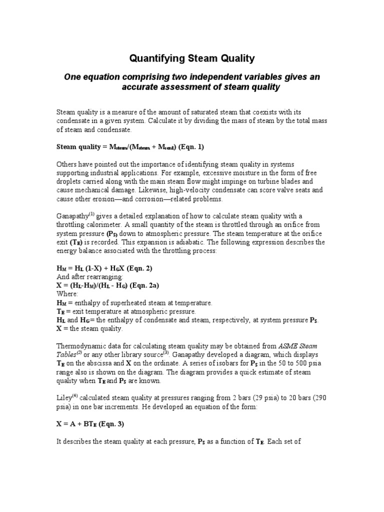 Quantifying Steam Quality Steam Enthalpy