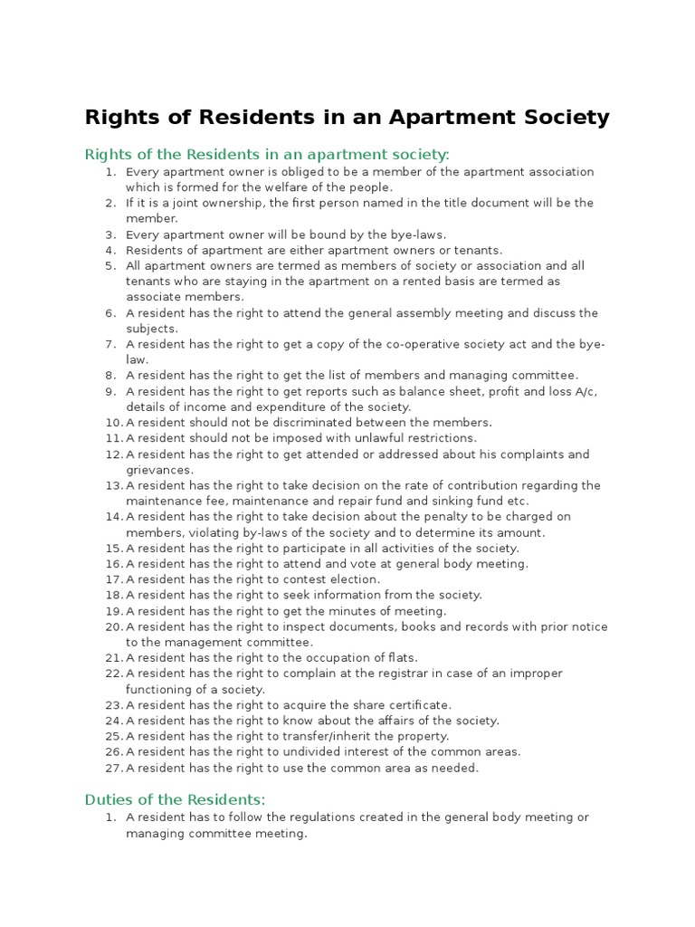 Apartment Residents' Rights & Duties | PDF | Leasehold Estate | Apartment
