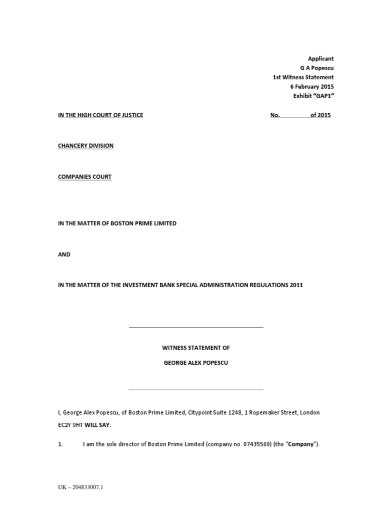 George Popescu's Witness Statement | PDF | Insolvency | Banks