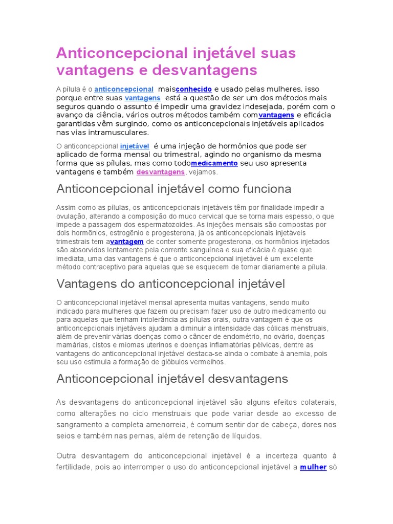Anticoncepcional Injetável Suas Vantagens e Desvantagens | PDF ...
