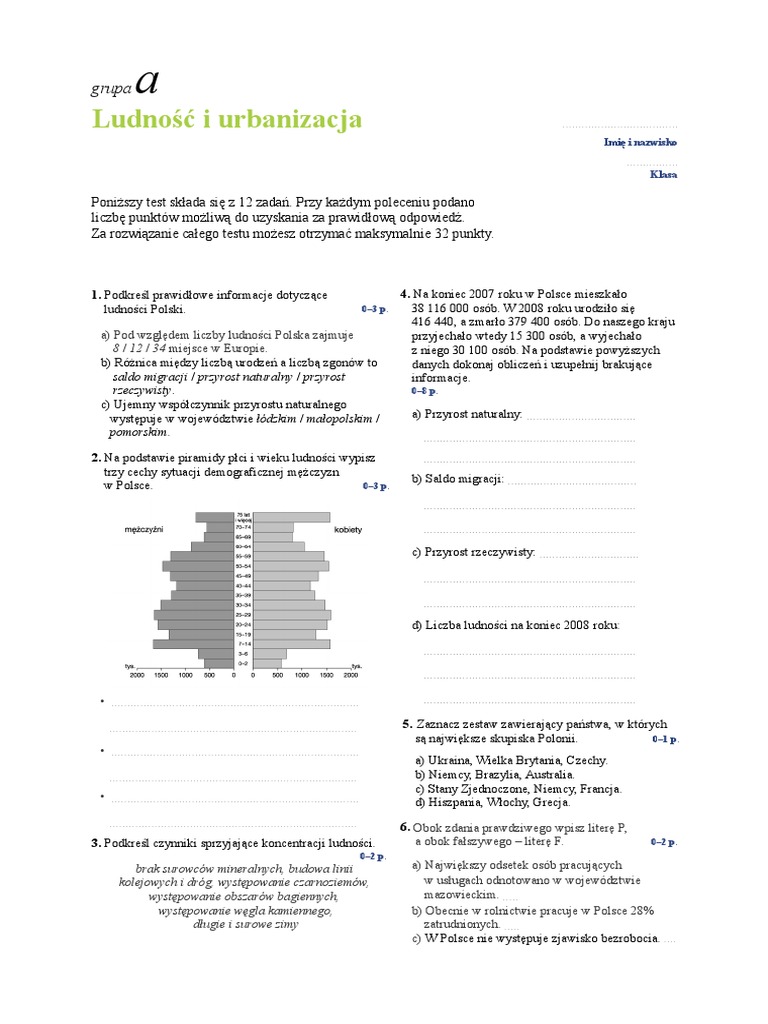 Sprawdzian Geografia Klasa 7 Dział 1 Cz 2 Ludność i Urbanizacja Test Grupy a i B (2)